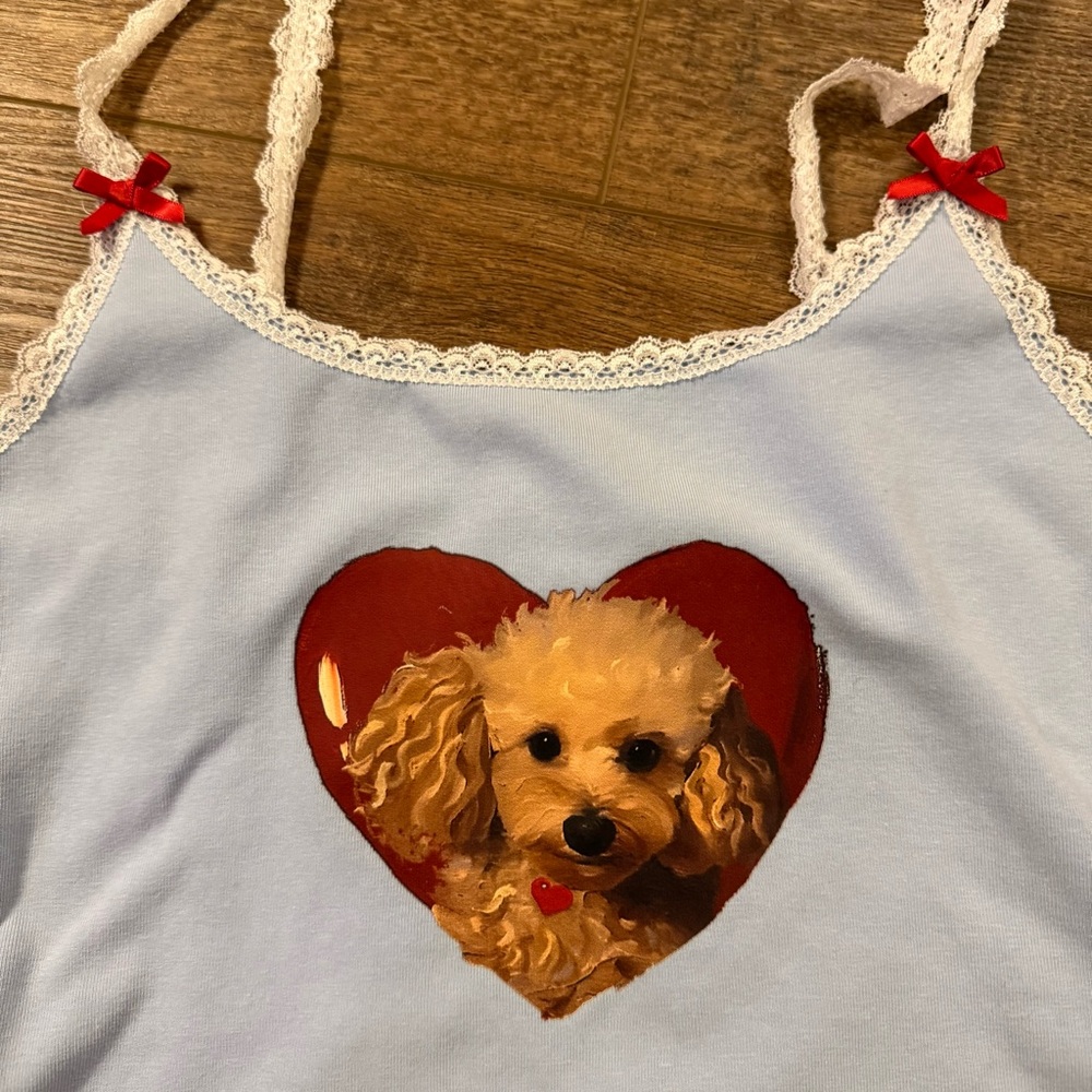 I HEART TOY POODLES I love Dogs Crop Top Cami Coquette Ribbon Bows Lace Blue S - Picture 2 of 4